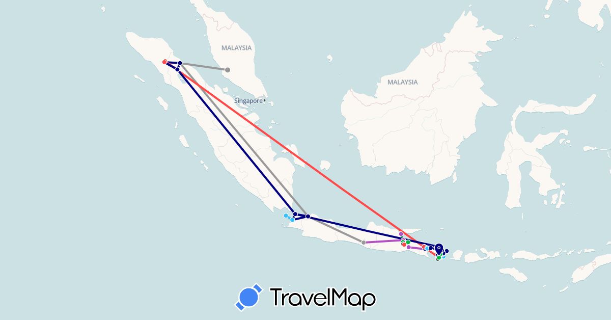 TravelMap itinerary: driving, bus, plane, train, hiking, boat, motorbike in Indonesia, Malaysia (Asia)