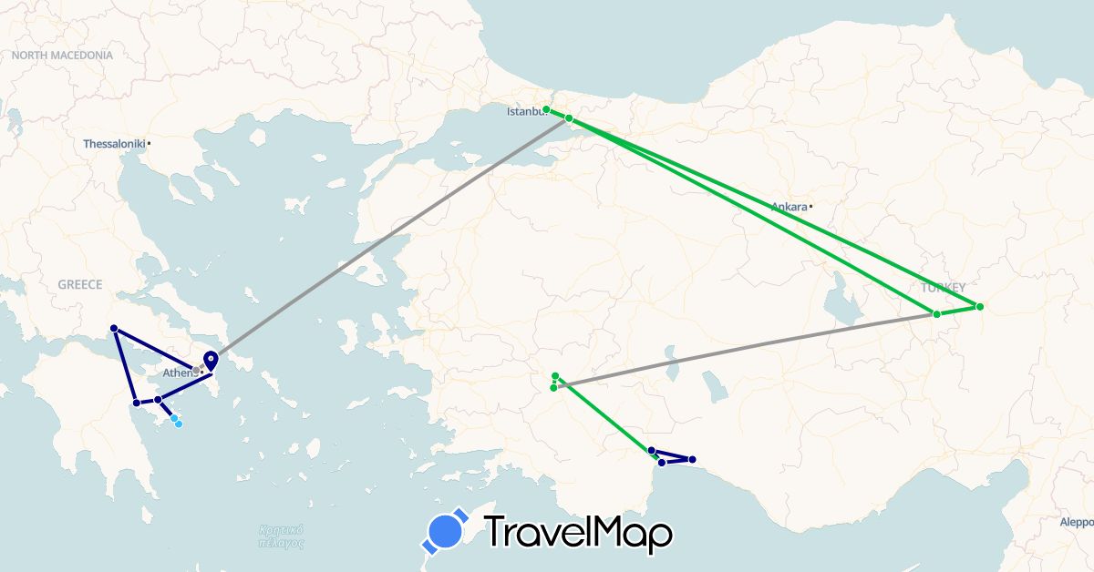 TravelMap itinerary: driving, bus, plane, boat in Greece, Turkey (Asia, Europe)