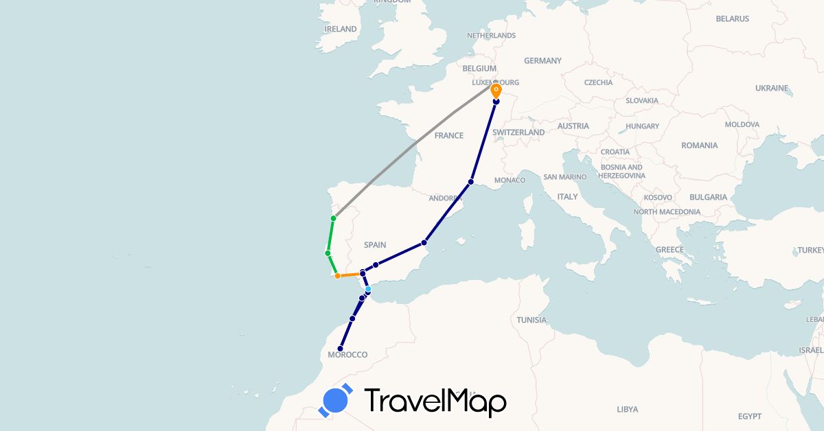 TravelMap itinerary: driving, bus, plane, boat, hitchhiking in Spain, France, Luxembourg, Morocco, Portugal (Africa, Europe)