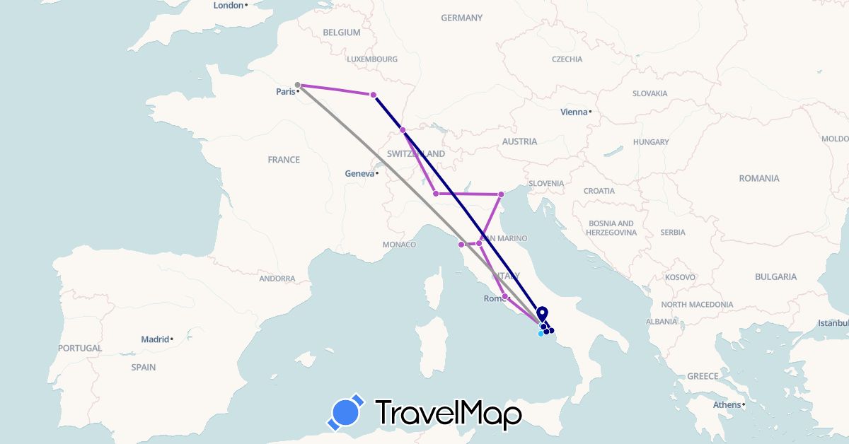 TravelMap itinerary: driving, plane, train, boat in Switzerland, France, Italy (Europe)